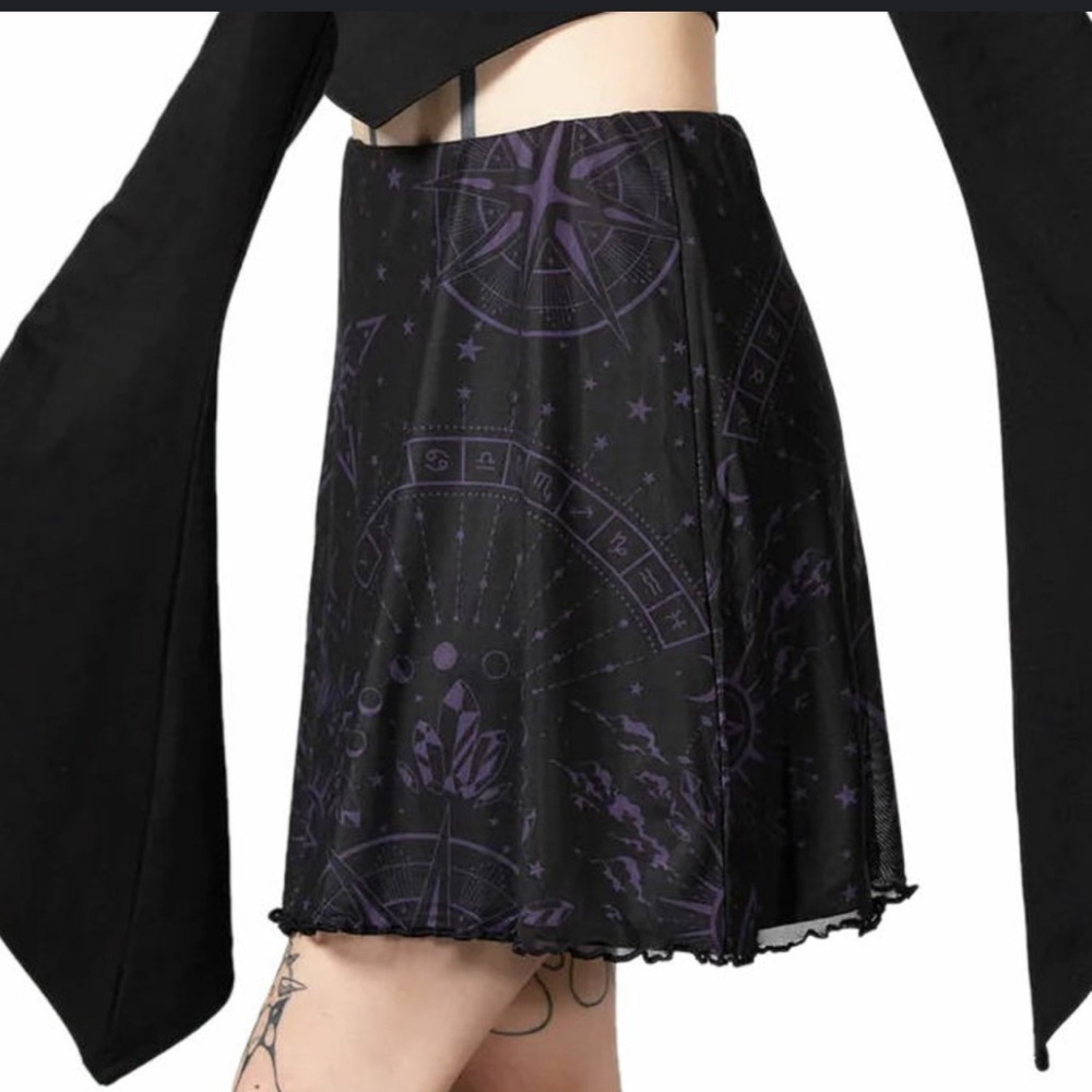 Killstar | Dolls Kill Trevea Zodiac Black Purple Lettuce Edge Mini Skirt Size L - Picture 10 of 10